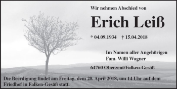 Traueranzeige von Erich Leiß von Trauerportal Rhein Main Presse