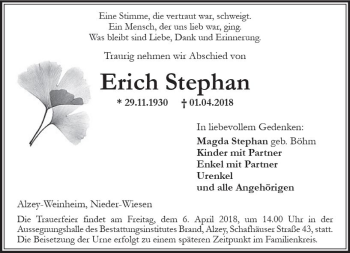 Traueranzeige von Erich Stephan von Trauerportal Rhein Main Presse