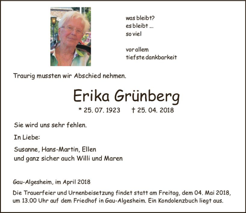  Traueranzeige für Erika Grünberg vom 28.04.2018 aus Trauerportal Rhein Main Presse
