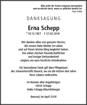 Traueranzeige von Erna Schepp von  Gießener Anzeiger