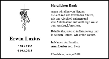 Traueranzeige von Erwin Luzius von Trauerportal Rhein Main Presse