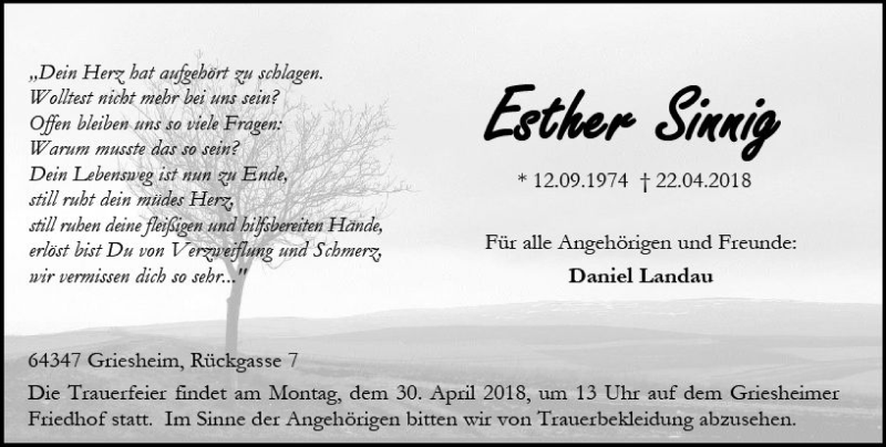  Traueranzeige für Esther Sinnig vom 28.04.2018 aus Trauerportal Rhein Main Presse