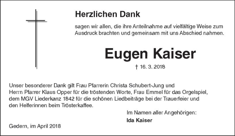 Traueranzeige für Eugen Kaiser vom 14.04.2018 aus  Kreisanzeiger