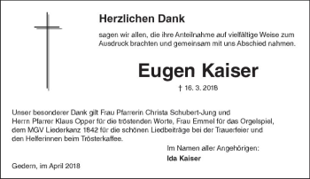 Traueranzeige von Eugen Kaiser von  Kreisanzeiger