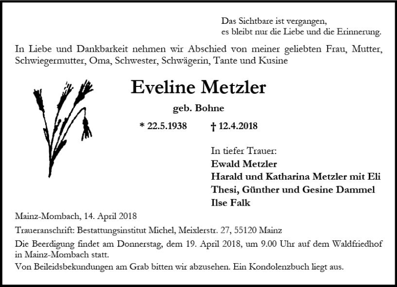  Traueranzeige für Eveline Metzler vom 14.04.2018 aus Trauerportal Rhein Main Presse