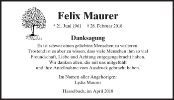 Traueranzeige von Felix Maurer von  Camberger Anzeiger