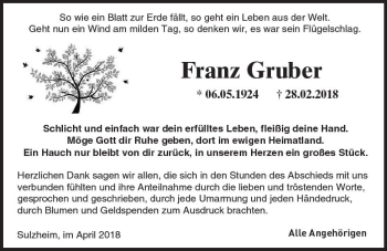 Traueranzeige von Franz Gruber von Trauerportal Rhein Main Presse