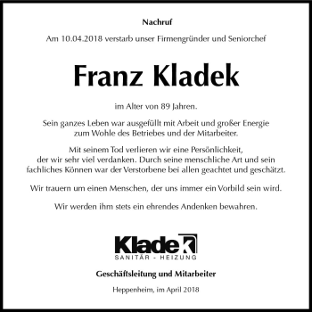 Traueranzeige von Franz Kladek von Trauerportal Rhein Main Presse