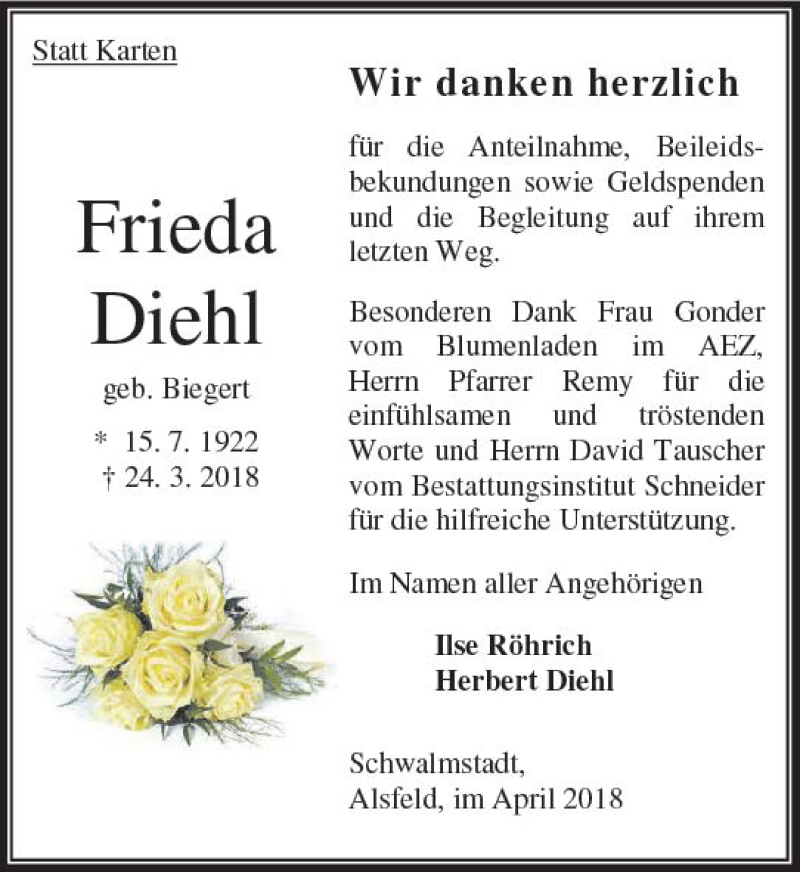 Traueranzeige für Frieda Diehl vom 30.04.2018 aus VRM Trauer