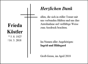 Traueranzeige von Frieda Köstler von Trauerportal Rhein Main Presse