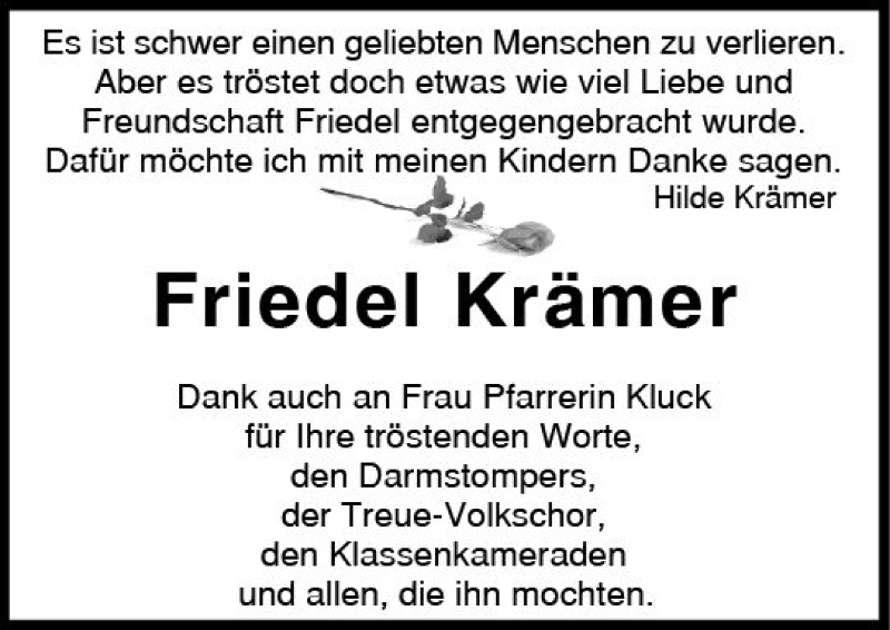  Traueranzeige für Friedel Krämer vom 28.04.2018 aus Trauerportal Rhein Main Presse