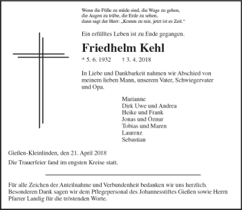 Traueranzeige von Friedhelm Kehl von  Gießener Anzeiger
