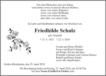 Traueranzeige von Friedhilde Schulz von  Gießener Anzeiger