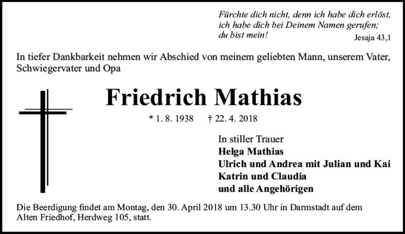  Traueranzeige für Friedrich Mathias vom 25.04.2018 aus Trauerportal Rhein Main Presse
