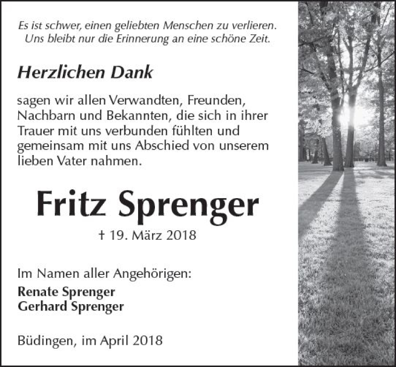  Traueranzeige für Fritz Sprenger vom 21.04.2018 aus  Kreisanzeiger