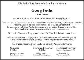 Traueranzeige von Georg Fuchs von Trauerportal Rhein Main Presse