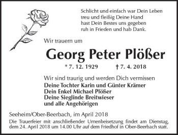 Traueranzeige von Georg Peter Plößer von Trauerportal Rhein Main Presse