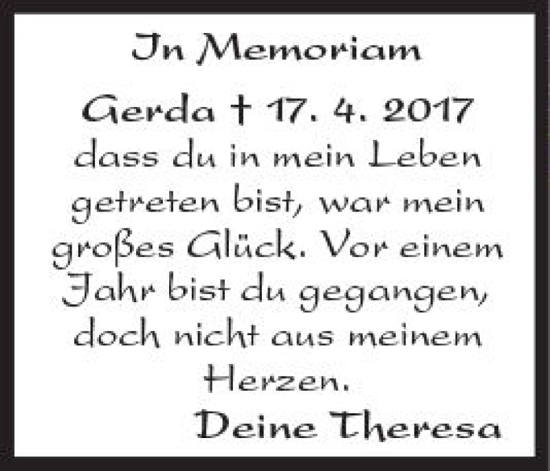  Traueranzeige für Gerda Bopp vom 17.04.2018 aus  Kreisanzeiger
