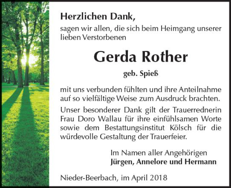  Traueranzeige für Gerda Rother vom 28.04.2018 aus Trauerportal Rhein Main Presse