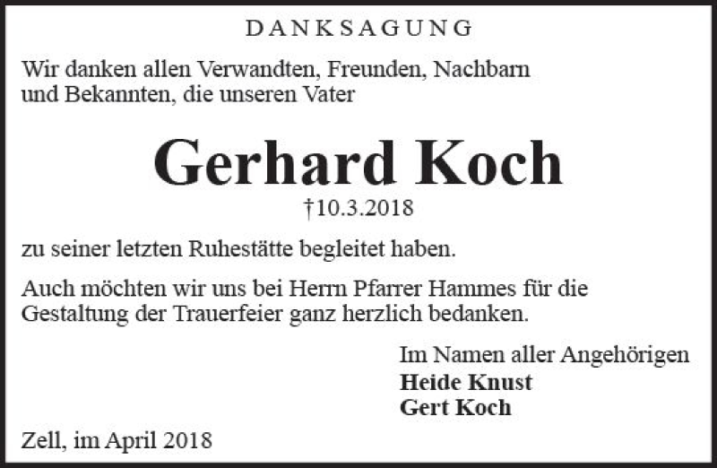  Traueranzeige für Gerhard Koch vom 11.04.2018 aus Trauerportal Rhein Main Presse