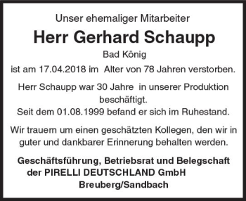 Traueranzeige von Gerhard Schaupp von Trauerportal Rhein Main Presse
