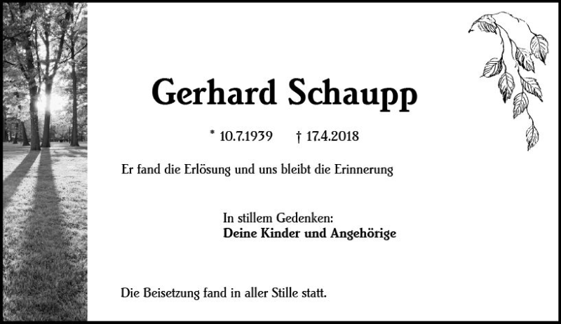  Traueranzeige für Gerhard Schaupp vom 28.04.2018 aus Trauerportal Rhein Main Presse