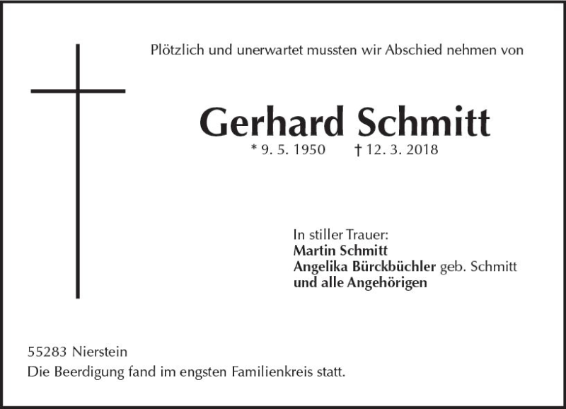  Traueranzeige für Gerhard Schmitt vom 14.04.2018 aus Trauerportal Rhein Main Presse