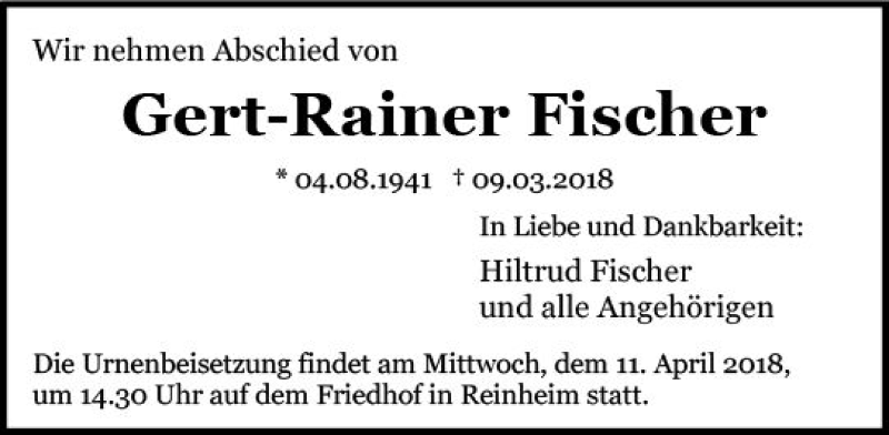  Traueranzeige für Gert-Rainer Fischer vom 07.04.2018 aus Trauerportal Rhein Main Presse