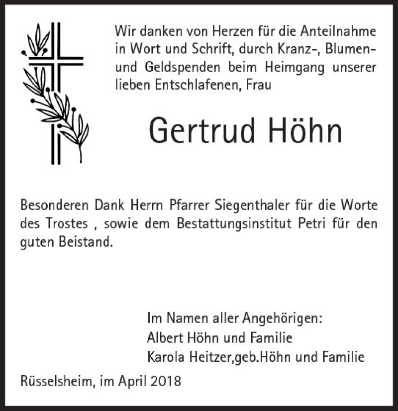  Traueranzeige für Gertrud Höhn vom 07.04.2018 aus Trauerportal Rhein Main Presse