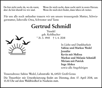 Traueranzeige von Gertrud Schmidl von Trauerportal Rhein Main Presse