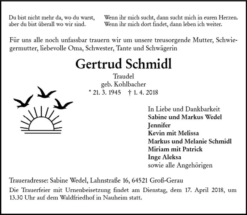  Traueranzeige für Gertrud Schmidl vom 14.04.2018 aus Trauerportal Rhein Main Presse