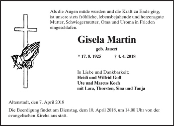 Traueranzeige von Gisela Martin von  Kreisanzeiger
