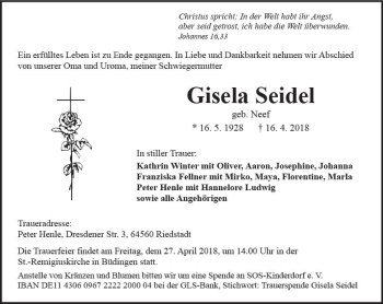 Traueranzeige von Gisela Seidel von  Kreisanzeiger