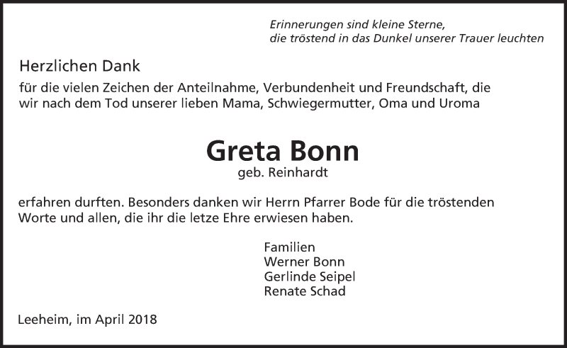  Traueranzeige für Greta Bonn vom 21.04.2018 aus Trauerportal Rhein Main Presse