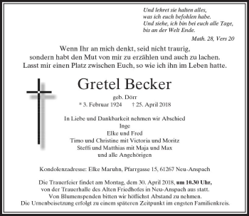 Traueranzeige von Gretel Becker von  Usinger Anzeiger