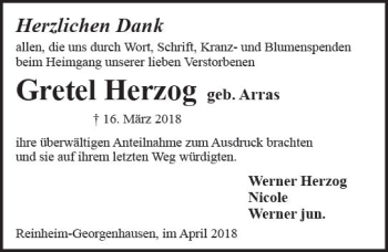 Traueranzeige von Gretel Herzog von Trauerportal Rhein Main Presse