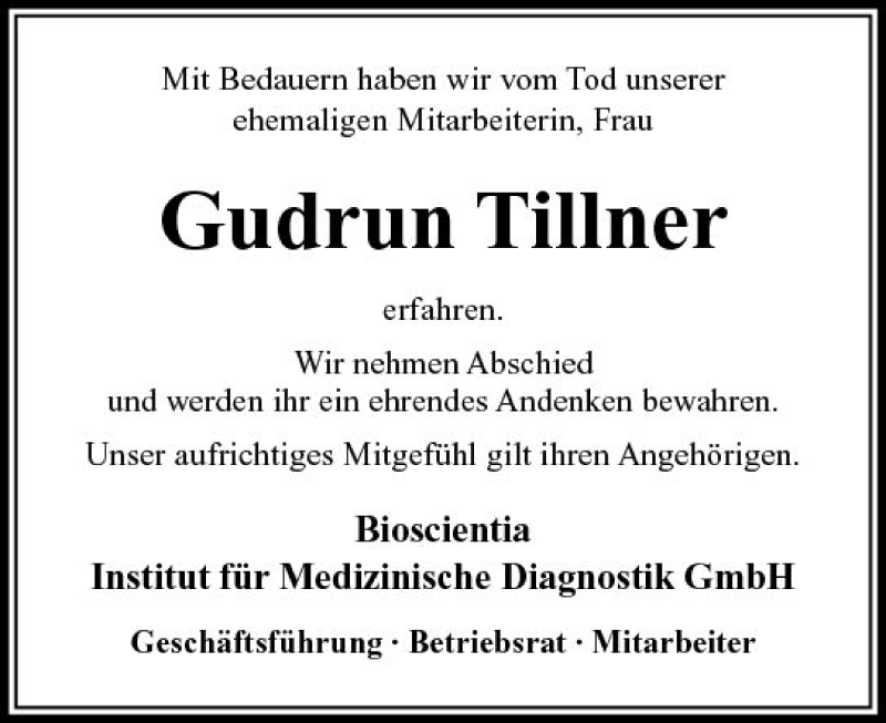  Traueranzeige für Gudrun Tillner vom 07.04.2018 aus Trauerportal Rhein Main Presse