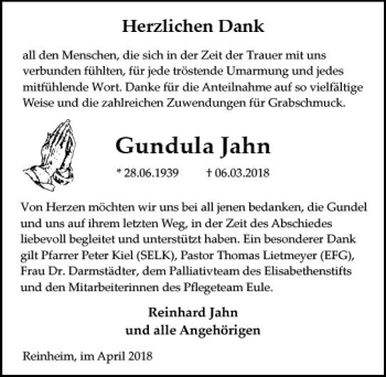 Traueranzeige von Gundula Jahn von Trauerportal Rhein Main Presse