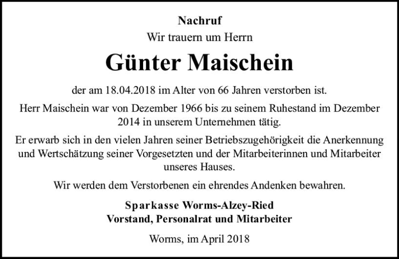  Traueranzeige für Günter Maischein vom 25.04.2018 aus Trauerportal Rhein Main Presse