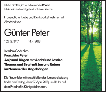 Traueranzeige von Günter Peter von Trauerportal Rhein Main Presse
