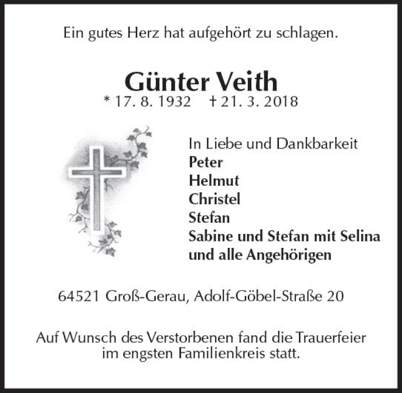  Traueranzeige für Günter Veith vom 07.04.2018 aus Trauerportal Rhein Main Presse