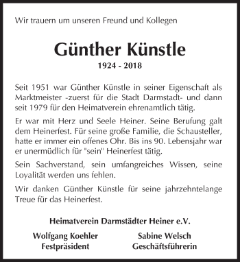 Traueranzeige von Günther Künstle von Trauerportal Rhein Main Presse