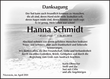 Traueranzeige von Hanna Schmidt von Trauerportal Rhein Main Presse