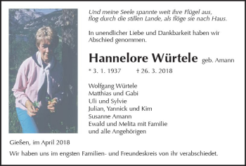 Traueranzeige von Hannelore Würtele von  Gießener Anzeiger