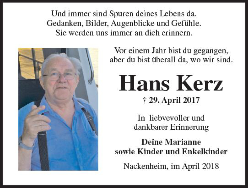  Traueranzeige für Hans Kerz vom 28.04.2018 aus Trauerportal Rhein Main Presse