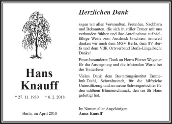 Traueranzeige von Hans Knauff von VRM Trauer