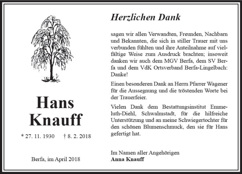  Traueranzeige für Hans Knauff vom 07.04.2018 aus VRM Trauer