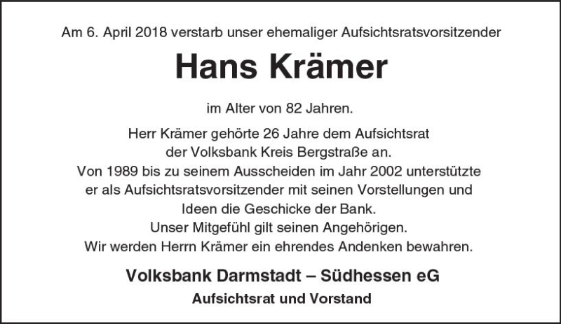  Traueranzeige für Hans Krämer vom 11.04.2018 aus Trauerportal Rhein Main Presse