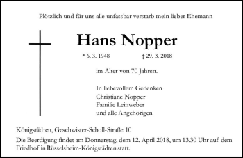 Traueranzeige von Hans Nopper von Trauerportal Rhein Main Presse