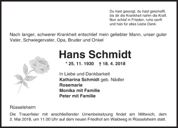 Traueranzeige von Hans Schmidt von Trauerportal Rhein Main Presse